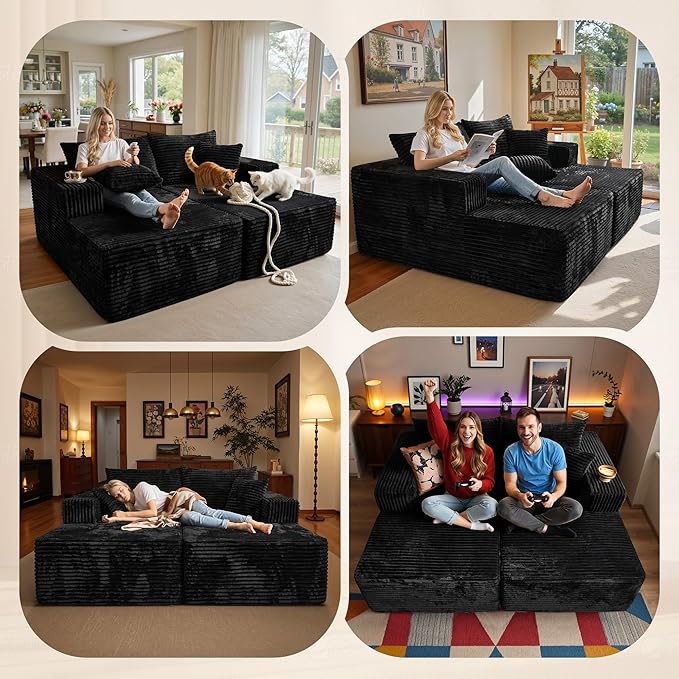 Weaxty Oversized Chaise Lounge Chair Indoor 81 Cloud Plush Modular Sectional Sofa Bed Modern Loveseat Sleeper Chair Fluffy Sofa for Living Room Bedroom No Assembly Required 2PCS Black