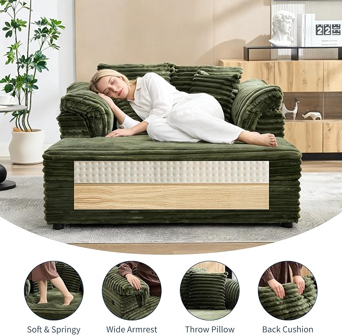 Oversized Chaise Lounge Chair Indoor Upholstered Sofa Bed with Throw Pillows and Armrests Comfy Corduroy Sleeper Couch with Cup Holders and Charging Port for Living Room Bedroom 60 Inch Wide Green