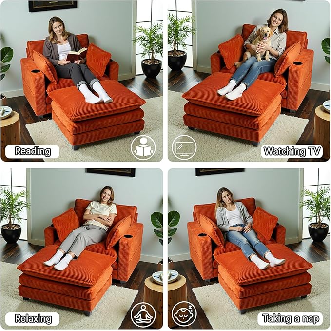 Oversized Chair with OttomanOversize Chaise LoungeReading Boneless Sofa BedChaise Lounge Chair Indoor with Side PocketSleeper Couch with USB&ampCup HolderCorduroy Sofa Couch for Living Room (Ora