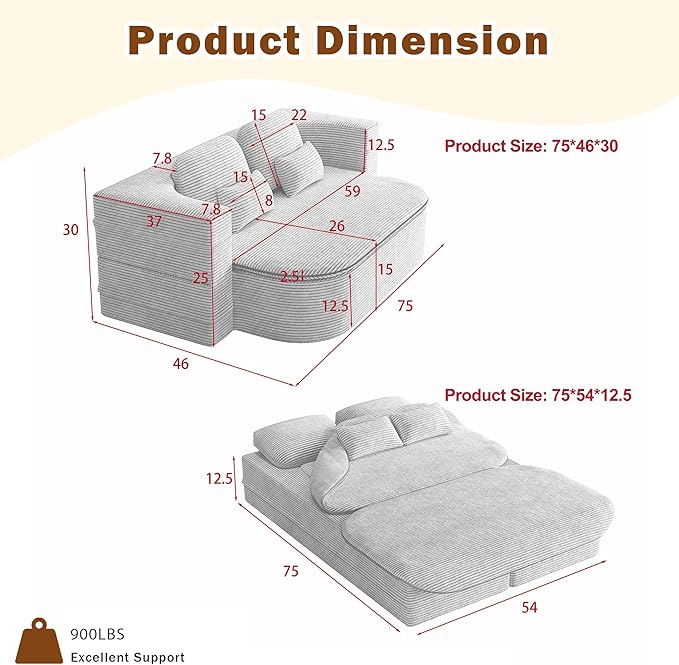 75'' Corduroy Foldable Full Size Boneless Couch Bed 2-in-1 Convertible Sleeper Compression Loveseat Sofa with Pillow No Assembly Memory Foam Floor Folding Couch for Living Room (Beige) | 2-in-1 Pi