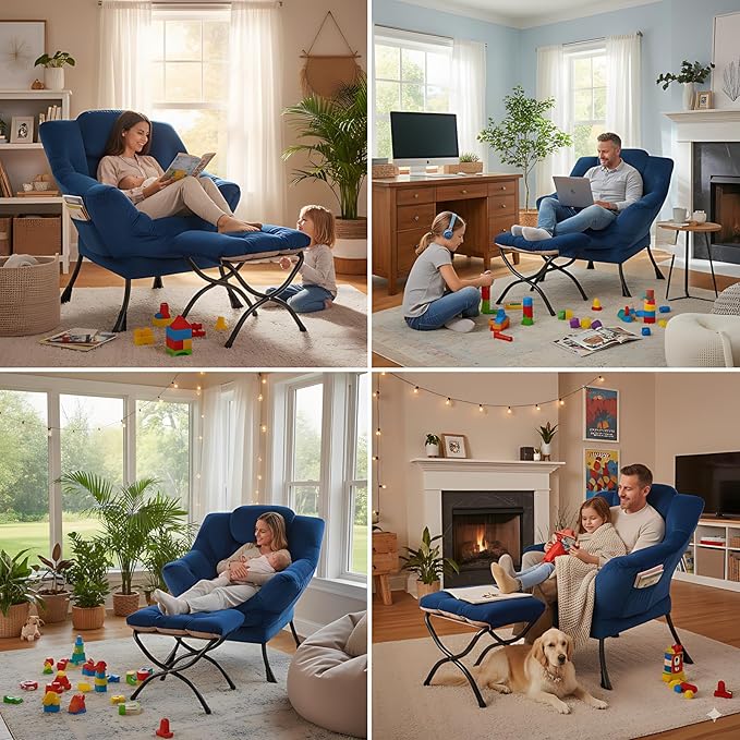 LITA Lazy Chair with Ottoman Modern Accent Leisure Upholstered Sofa Chair Contemporary Lounge Reading Chairs with Armrests and a Side Pocket for Living Room Bedroom &amp Small Space Royal Blue