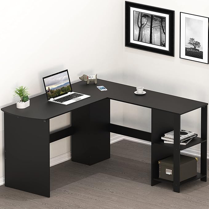 SHW 51 x 51 Inches L-Shaped Home Office Wood Corner Desk wtih Storage Black