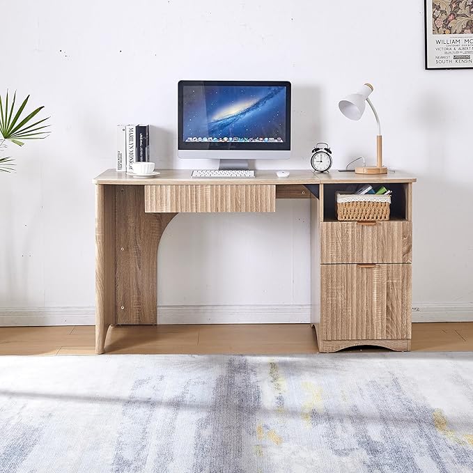 55 Modern Computer Desk with Keyboard Tray Built-in Power Outlets Fluted Design 2-in-1 Main Drawer &amp Adjustable File Drawer Office Desk for Home Workspace (Light Oak)