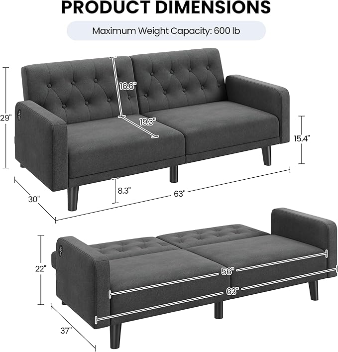 Yaheetech 63 Convertible Couch Small Futon Sofa Bed with 2 USB Ports Reclining Backrest &amp Removable Armrests Mid Century Modern Loveseat for Living Room Apartment Office Dark Gray