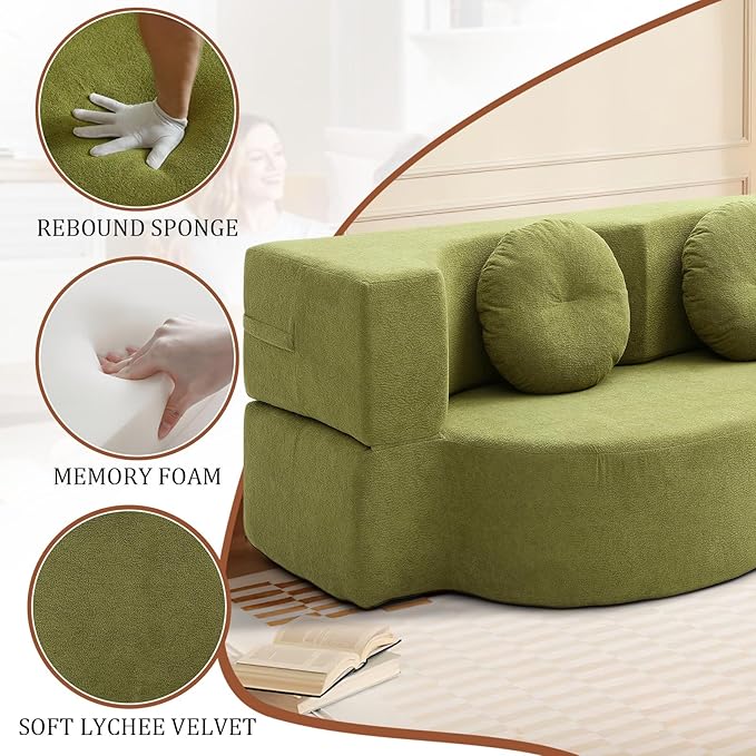 Convertible Folding Sofa Bed 75.5 Boneless Cloud Couch Loveseat Floor &amp Futon Lounge Sleeper Couches Lychee Velvet for Living Room Office Small Spaces No Assembly Required Green