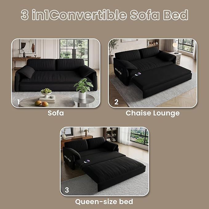Queen Pull Out Futon Sofa Bed with USB Ports 3-in-1 Modern Convertible Sleeper Sofa with Side Pocket ＆ Rivets Comfy Corduroy Loveseat Couch for Living Room Bedroom Apartment (Black Velvet)