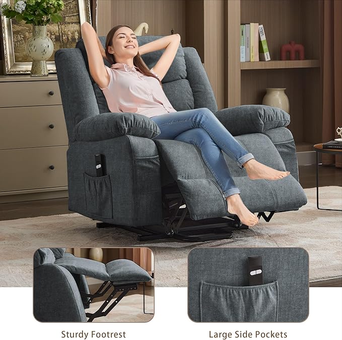 Oversized Power Lift Recliner for Elderly Electric Recliner Chairs with Massage and Heat Extra Wide Recliner with Side Pockets Reclining Chair for Living Room (Imitation Cashmere Grey)