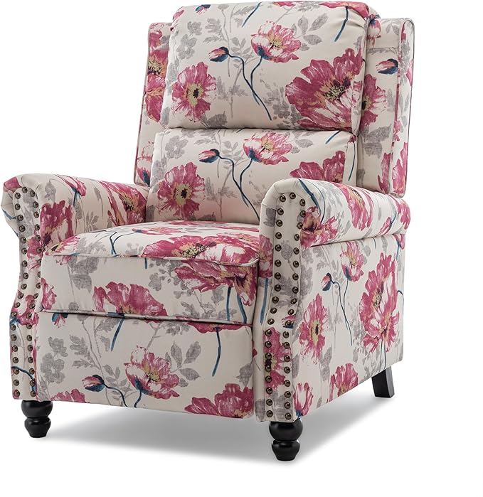 Pushback Recliner Chair Upholstered Armchair Wingback Recliner Chair Floral Fabric Push Back Recliner with Wood Legs Rivet Trim Single Sofa Accent Chair for Living Room Bedroom Pattern White