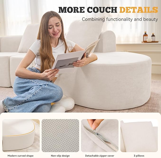 126 Modular Sectional Sofa Modern Cloud Curved Couch with Deep Seat Upholstered Oversized Couches for Living Room No Assembly Required Beige Chenille Fabric 1PCS