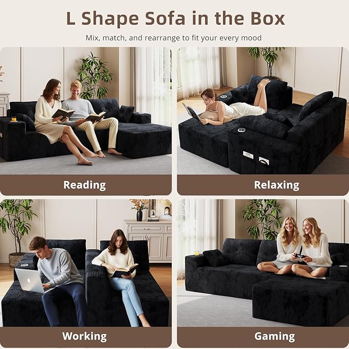 109 Boneless Couches for Living Room Modular Sectional Sofa with Oversized Chaise L-Shape Cloud Couch with Deep Seat (Black Right Facing Chaise)