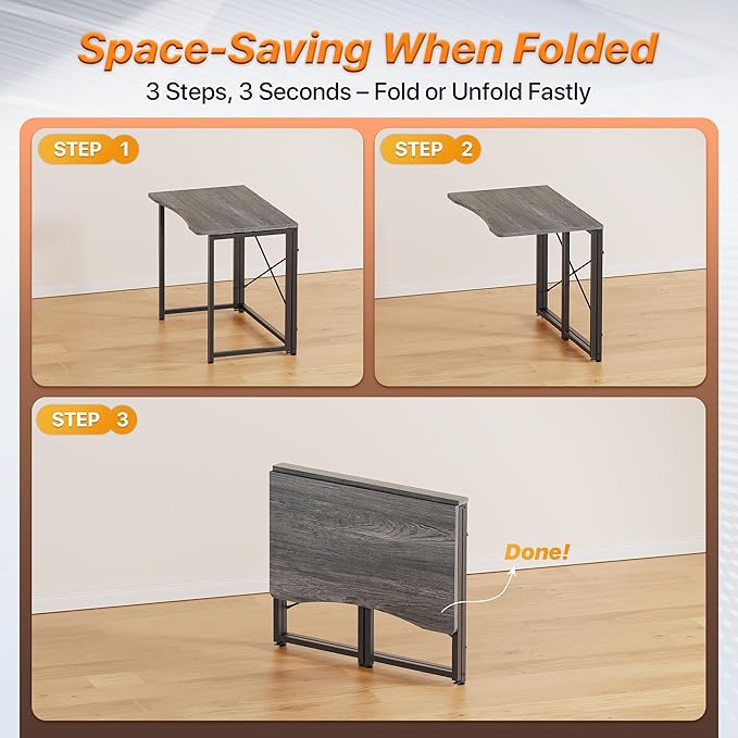 Huuger Folding Desk for Small Spaces 31.5 Inch Foldable Computer Table for Home Office Study Bedroom Dorm Space Saving Small Writing Work Office Computer Desk Easy to Fold Grey