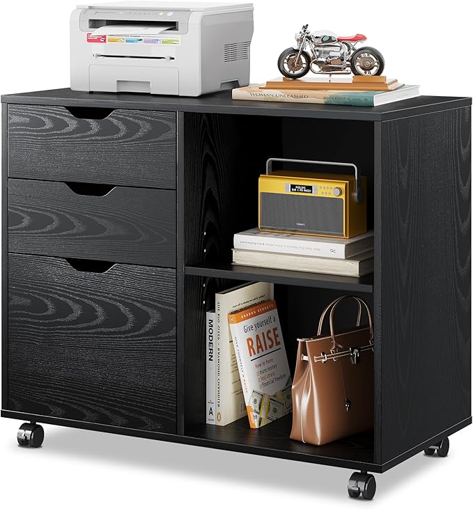 DEVAISE 3-Drawer Wood File Cabinet Mobile Lateral Filing Cabinet Printer Stand with Open Storage Shelves for Home Office Black