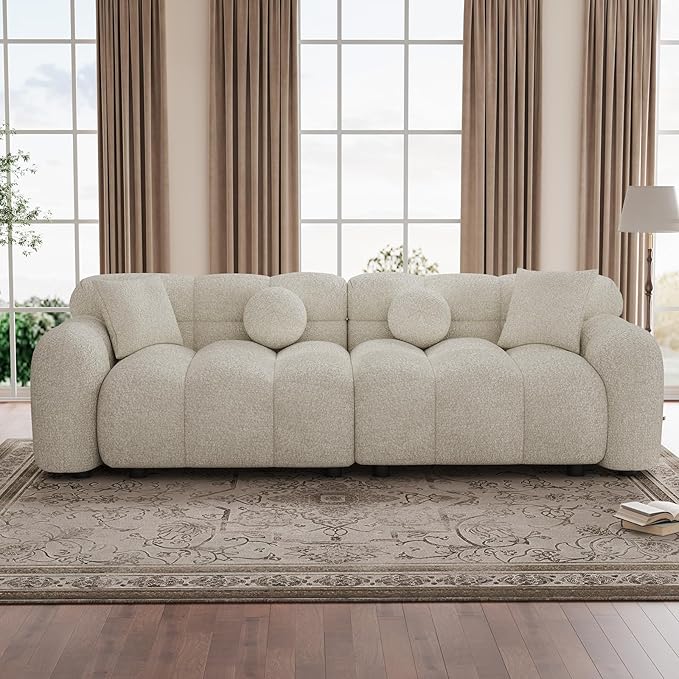 87.3 Modern Sofa Couch Comfy Deep Seat Chenille Cloud Sofa Upholstered 3-Seater Couch Oversized Loveseat for Living Room Bedroom Office Apartment Beige White
