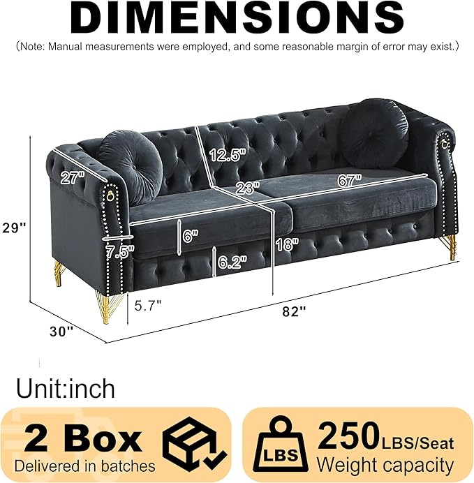 ERYE 82-Inch Button Tufted Sofa Couch with 2 Round Pillows 3 Seat Velvet Tufted Sofa Spacious Chesterfield Loveseat Couches W/Nailhead DecorRing Accent &amp Golden Legs