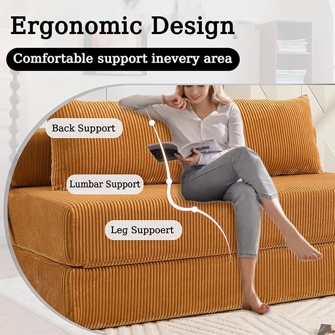 55 Convertible Folding Sofa Bed with 2 Pillows Corduroy Foldable Sleeper Sofa for Adult Floor Couch Bed for Living Room Bedroom No Assembly(Yellow)