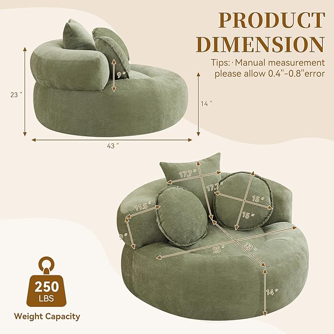 Round Oversized Chair Floor Sofa Chair Chenille Compressed Circle Chaise Lounge No Assembly Boneless Barrel Chair Lazy Bean Bag Couch Accent Chair for Living Room Bedroom DormGreen