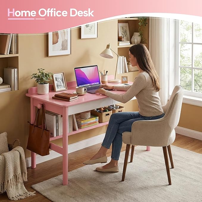 Solid Wood Study Desk &amp Home Office Writing Table with Drawers 31 Vintage Mid Century Modern Computer Desk Home Office Workstation for Bedroom Small Spaces Apartment(Pink31.5 Inch Wide)