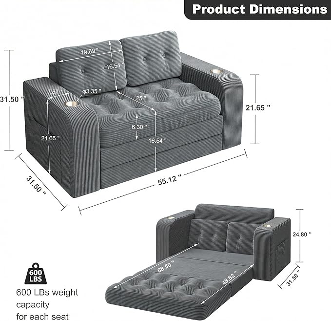55 Futon Sofa Bed 4‑in‑1 Convertible Sofa Bed Folding Boneless Couches for Living Room Fold Out Small Foldable Loveseat Floor Sleeper Comfy Mattress Lounge Space‑Saving Grey