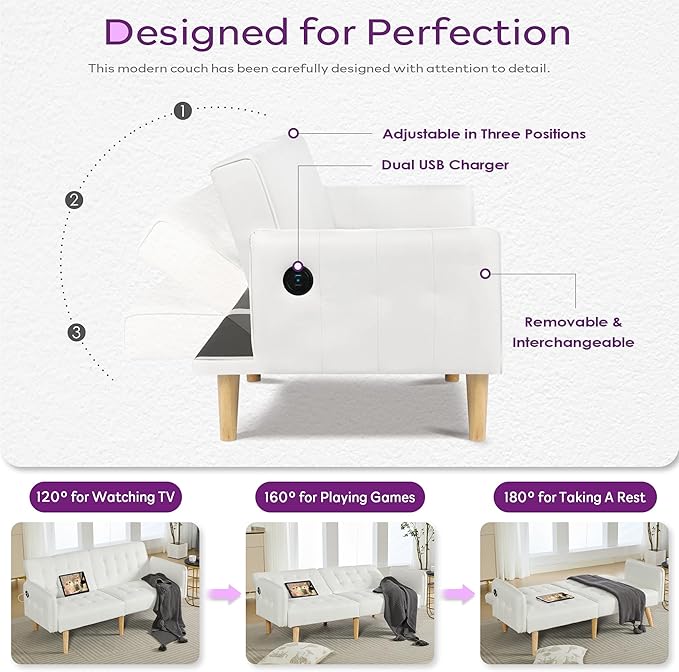 TYBOATLE Modern White Faux Leather Upholstered Convertible USB Folding Futon Sofa Bed 65 Couch Love Seats Furniture for Small Space Configuration Apartment Dorm Living Room Office
