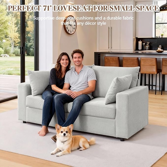 71 Loveseat Sofa Upholstered Love Seat with Deep Cushions &amp Removable Pillows Modern Polyester Couch for Bedroom Living Room &amp Office (Beige)