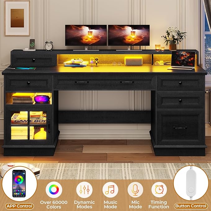 BTHFST 59.1 Executive Desk with File Drawer Home Office Desk with Charging Station &amp LED Lights Computer Desk with Drawers &amp Storage Cabinet Executive Office Desk with Monitor Stand Black