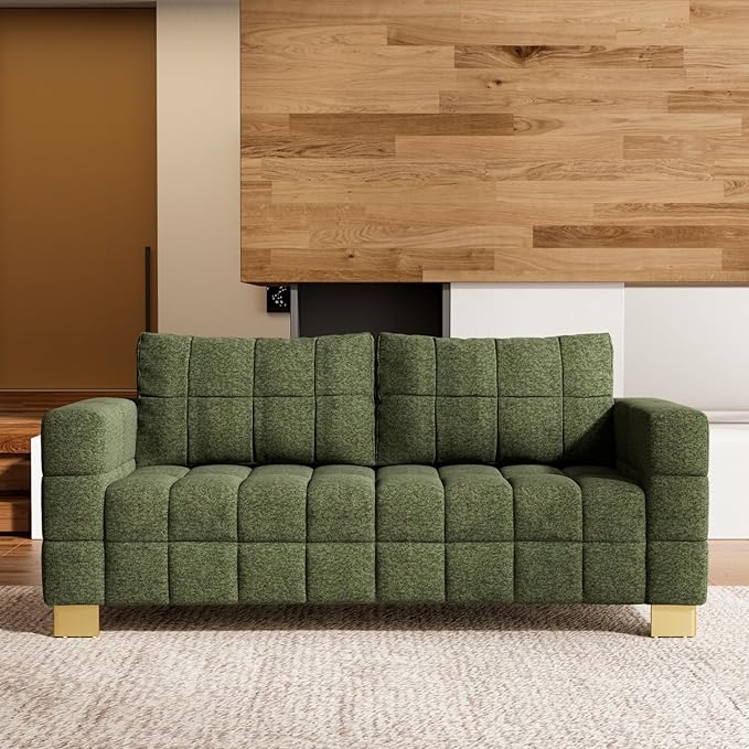 81.89 Sofa Comfy 3 Seat Sofa Tufted Chenille Upholstered Sofa Couch for Living Room with Gold Metal Legs and 2 Throw Pillows (Green（3+3）)