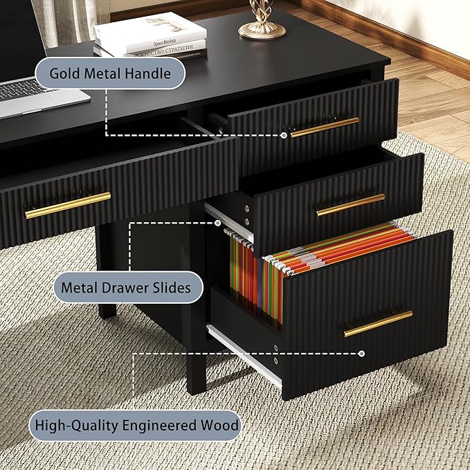 Black Computer Desk with Storage: 54 Wooden Executive Office Desk with 4 Drawers Home Office Desks with File Drawers Fluted Writing Desks for Study Living Room