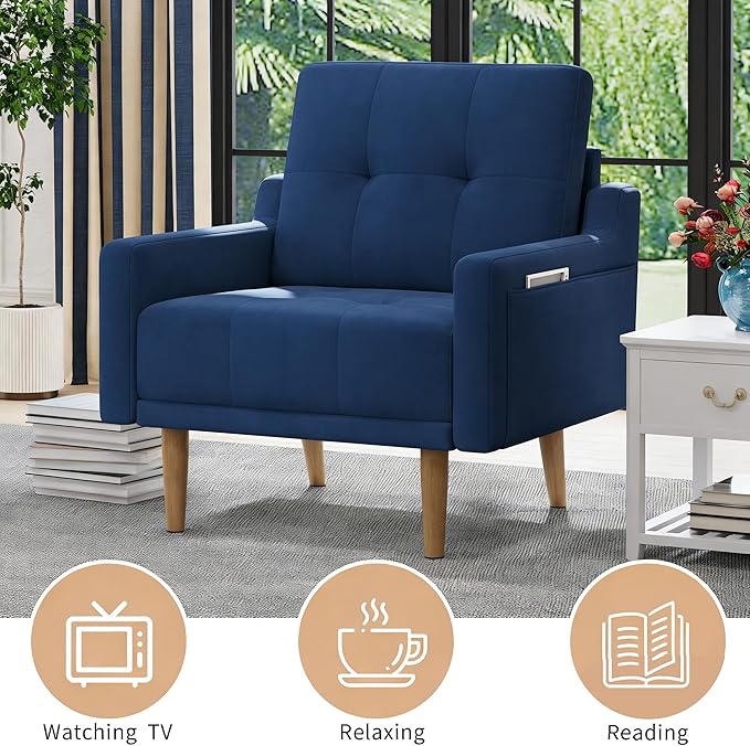 EJUNQ Mid Century Accent Chair Upholstered ArmchairComfy Reading Chair with Wood LegsModern Single Sofa Chair for Living Room Bedroom Small Spaces (2 Blue)