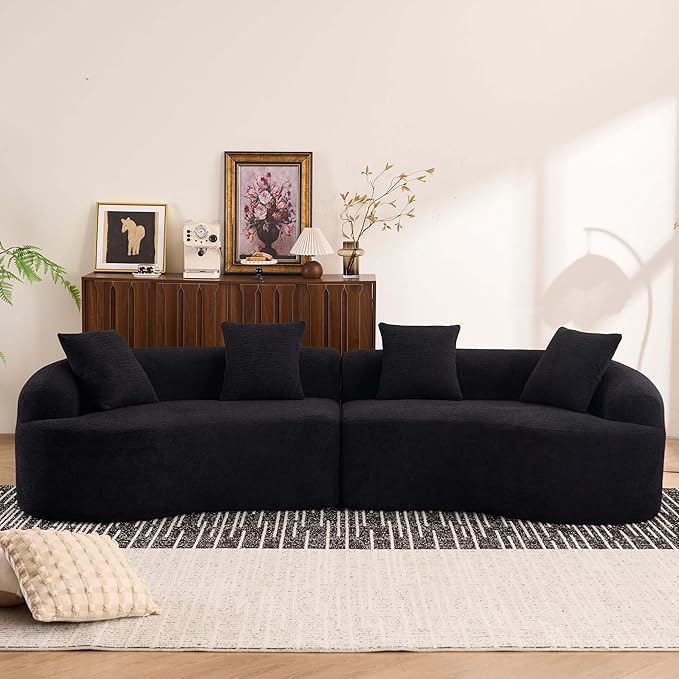 110 Black Curved Boneless Couch with Cushions Modern Cloud Sofa for Living RoomChenille Sectional Minimalist Deep Seat Luxurious No Assembly