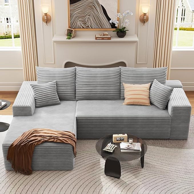 95 Cloud Sectional Couch with L-Shape Chaise Modern Corduroy Boneless Deep Seat Sofa 3-Seater Modular Sleeper Couch for Living Room BedroomApartmentNo Assembly (Light Grey Left-Facing Chaise)