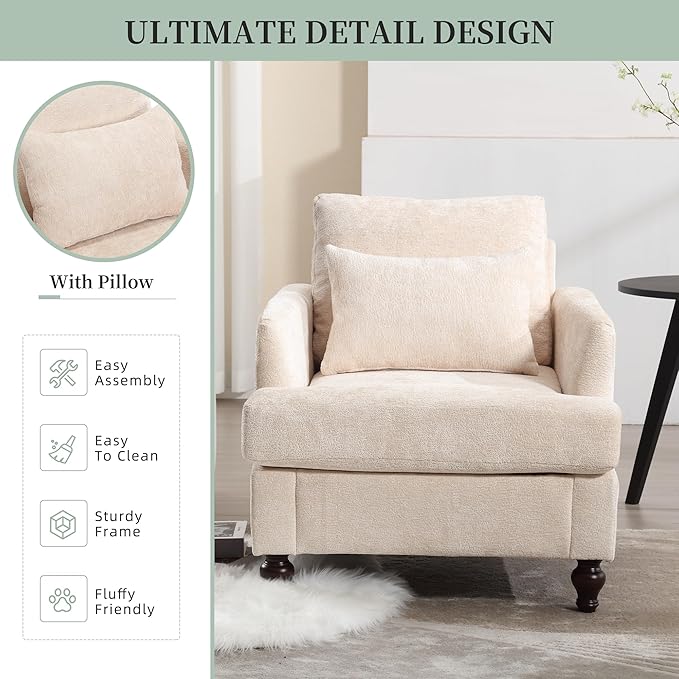 Modern Accent Chair Living Room Upholstered Chenille Armchair with Waist Pillow Single Sofa for Living Room Bedroom Office Beige