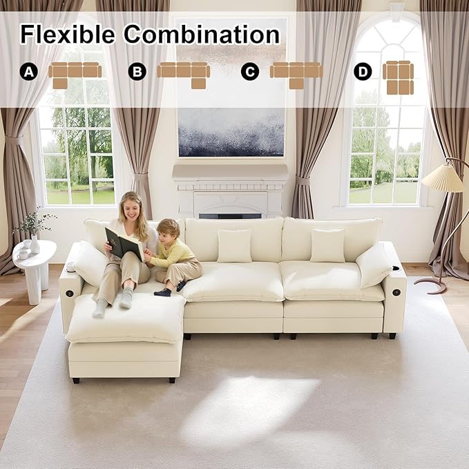 116 Modular Sectional Sofa L Shaped Cloud Couch with Movable Ottoman Chenille Deep Seat Cloud Sofa with Charging Station Cup Holder Side Pocket Sectional Couches for Living Room Beige