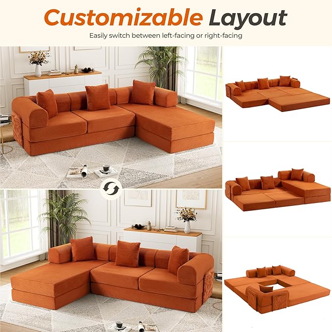106.3 Oversized Convertible Sleeper Sofa Bed L Shape Modular Sectional Cloud Sofa with Fixed-Shape Frame Boneless Couch with Storage Pocket for Living Room No Assembly Required Orange