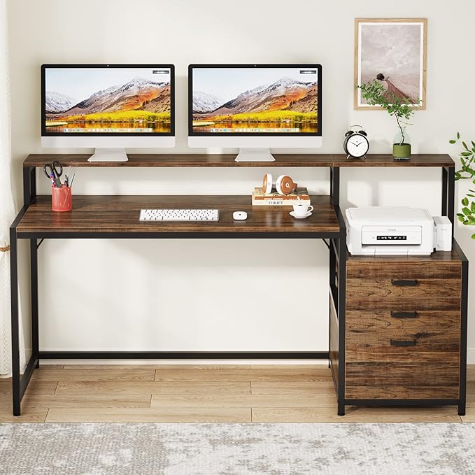 LITTLE TREE 63 Inches Computer Desk with Ergonomic Monitor Stand Home Office Desk with File Drawers