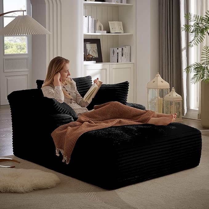 49.2 Oversized Chaise Lounge Chair IndoorCorduroy Boneless Reading Chair with 3 PillowsDeep Seat Cloud Sofa BedComfy Modern Sleeper Chairs in Box for Living Room BedroomNo Assembly(Black)