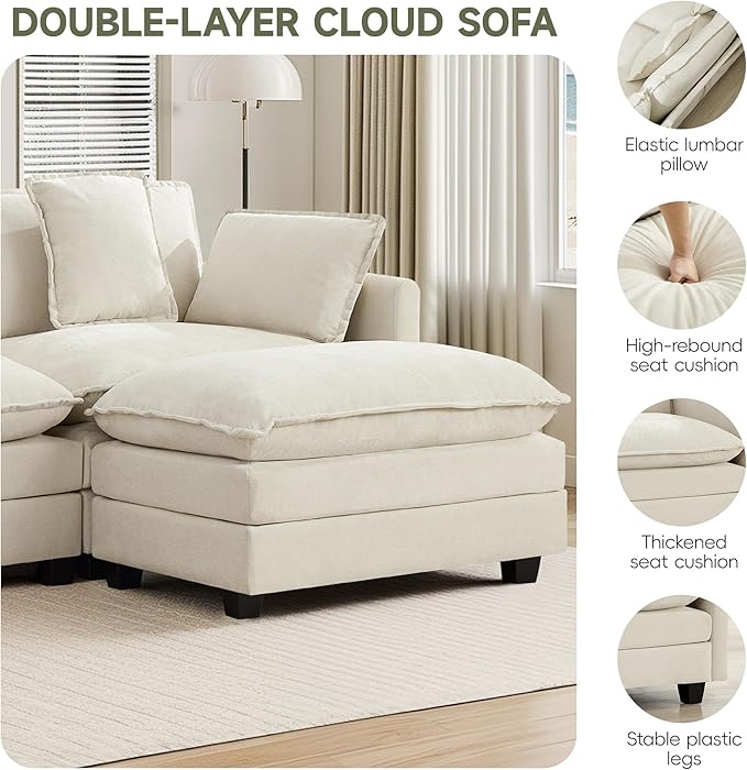 4-Seater Cloud Couch with 2 Ottomans Extra-Large Modular Sectional U Shaped Sofa with Deep Seat Cushions Chenille Couch for Living Room Beige