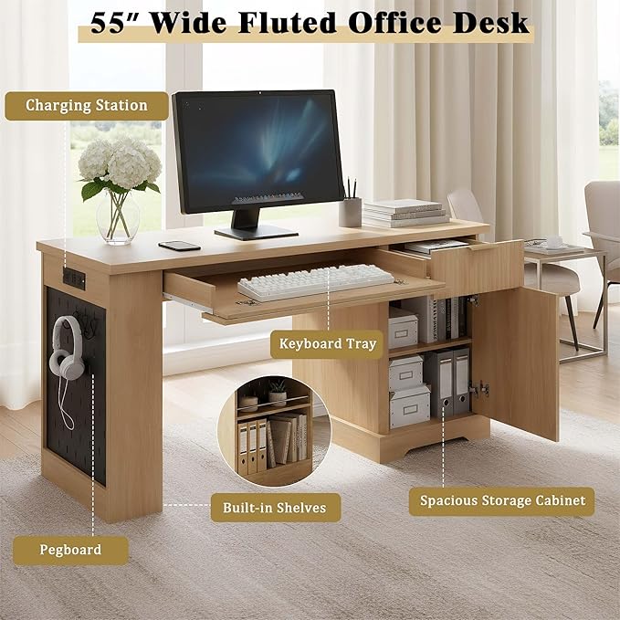 White Farmhouse Desk with Drawers &amp Charging Station Wood Executive Desk with Storage Cabinet &amp Keyboard Tray Computer Desks with Monitor Stand &amp Pegboard for Home Office (Light Oak)
