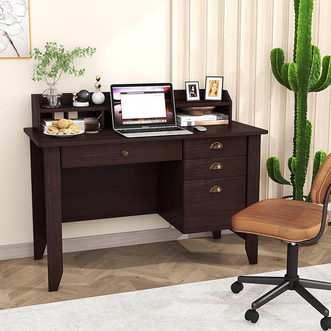 GLACER 48 Computer Desk with 4 Storage Drawers &amp Hutch Home Office Desk with Cable Hole for PC Laptop Wooden Writing Workstation Gaming Desk for Office Study Bedroom Small Spaces (Brown)