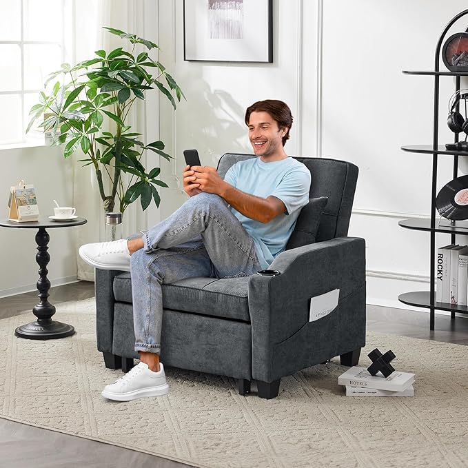 VINGLI Dark Grey 3-in-1 Convertible Futon Sofa Bed Pull Out Couch Bed Adjustable Recliner Chair with USB Ports Cup Holders Side Pockets for Living Room Bedroom Small Spaces