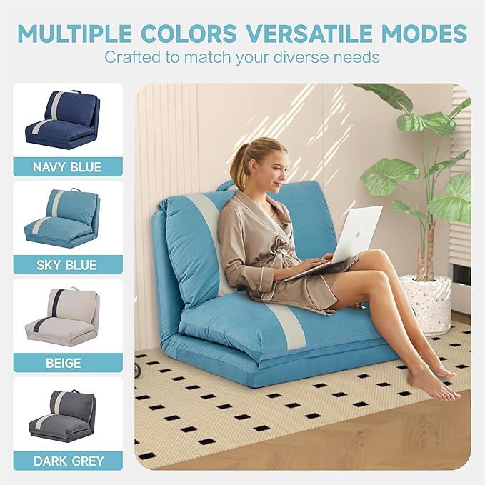 Folding Sofa Bed Set of 2 Convertible Floor Sofa with 6-Position Adjustable Backrest Metal Frame and Handle Futon Floor Couch for Dorm Bedroom Apartment Sky Blue