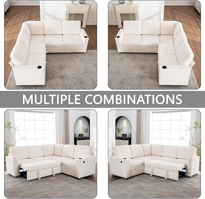 83 Modular Sectional Sleeper Sofa with Pull Out Bed Plush Corduroy L-Shaped Corner Couch with Storage USB Charger Cup Holders 5-Seater Sectional Couches for Living RoomApartment White