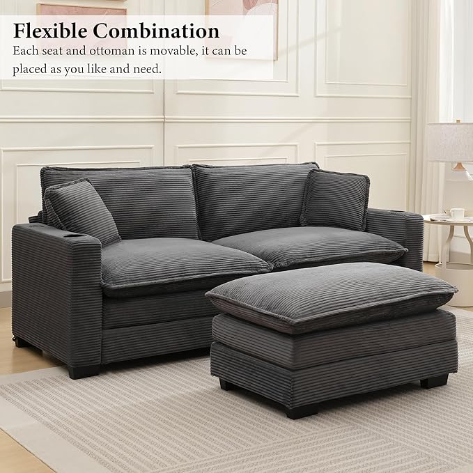 82.7 L Shaped Sectional Sofa with Cup Holders &amp USB Ports Modern Loveseat Cloud Couch with Ottoman for Living Room Apartment Small Spaces Grey Corduroy