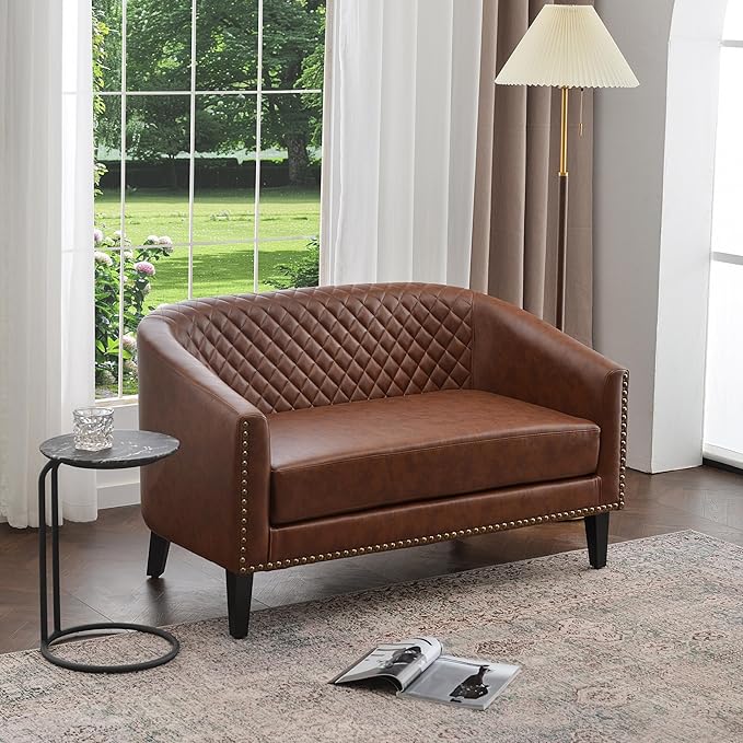 KINWELL 50 Faux Leather Small Barrel Love Seat Settee Diamond Tufted Back Compact Loveseat Sofa with Nailhead Trim Modern 2-Seater Couch with Solid Wood Legs for Small Spaces Apartments Brown