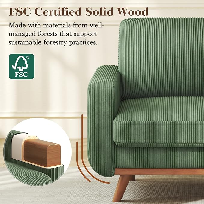 38.5 Green Corduroy Accent Chair Comfy Deep Seat Armchair with Spring Cushion Modern Reading Sofa for Living Room Bedroom