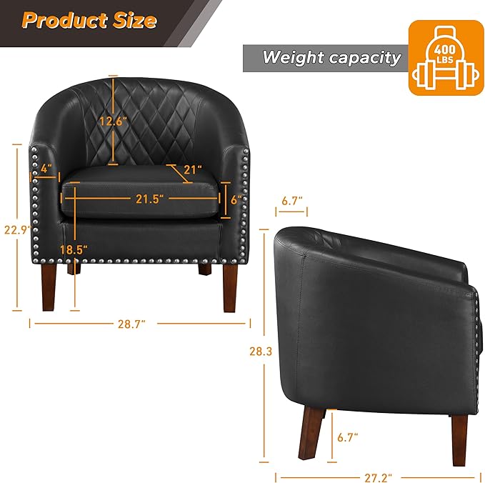 Prilinex Comfy Barrel Accent Chair - Faux Leather Living Room Chair Club Chair with Cushion Diamond Grid Backrest &amp Nailhead Trim Guest Chair for Office Bedroom &amp Waiting Room Black