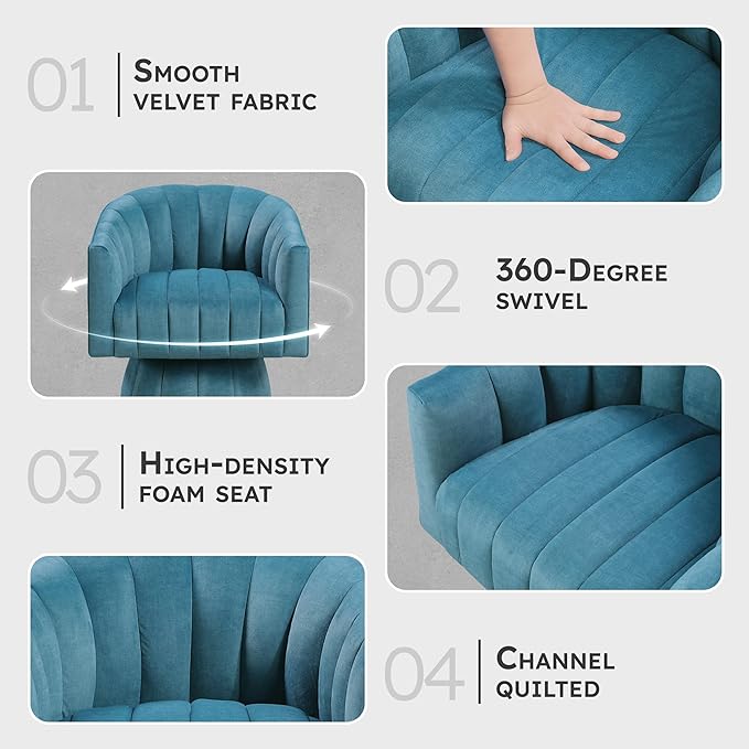 Lexicon Modern Swivel Accent Chair Velvet Fabric Upholstered Swivel Lounge Chair with Rounded Base and Channel Stitching for Living Room/Bedroom/Office Easy Assembly Dark Teal