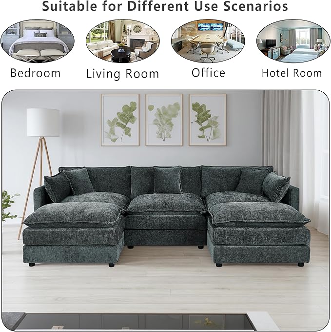 Setawix Deep 3 Seater Couch with Ottomans112.2 U-Shaped Cloud Couches for Living RoomChenille Cloud Sofa Couch with Deep SeatModular Sectional U Shape 3 Seat Sofa for Bedroom (Grey 3+2)
