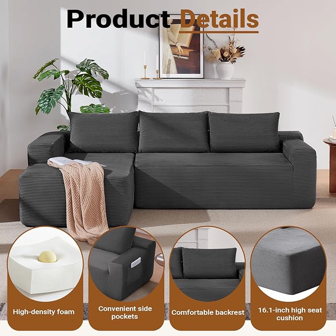 97 Cloud Sectional Couch Modern Boneless Couch with L-Shape Chaise Deep Seat Modular Sectional Sofa Corduroy Corner Foam Couches for Living RoomNo Assembly Required(Dark Gray Left Chaise)
