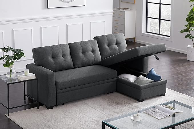 ACQCA 82 L Shaped Sleeper Sofa Pull Out Couch Bed with Storage Chaise and 3 Tufted Back Cushion for Living RoomApartmentOfficeDark Gray