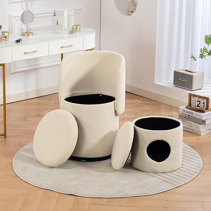 Round Vanity Chair with Storage &amp Cat Bed Stool Upholstered Small Swivel Accent Chair with Hidden Storage Makeup Barrel Chair for Bedroom Living Room (Stripes)